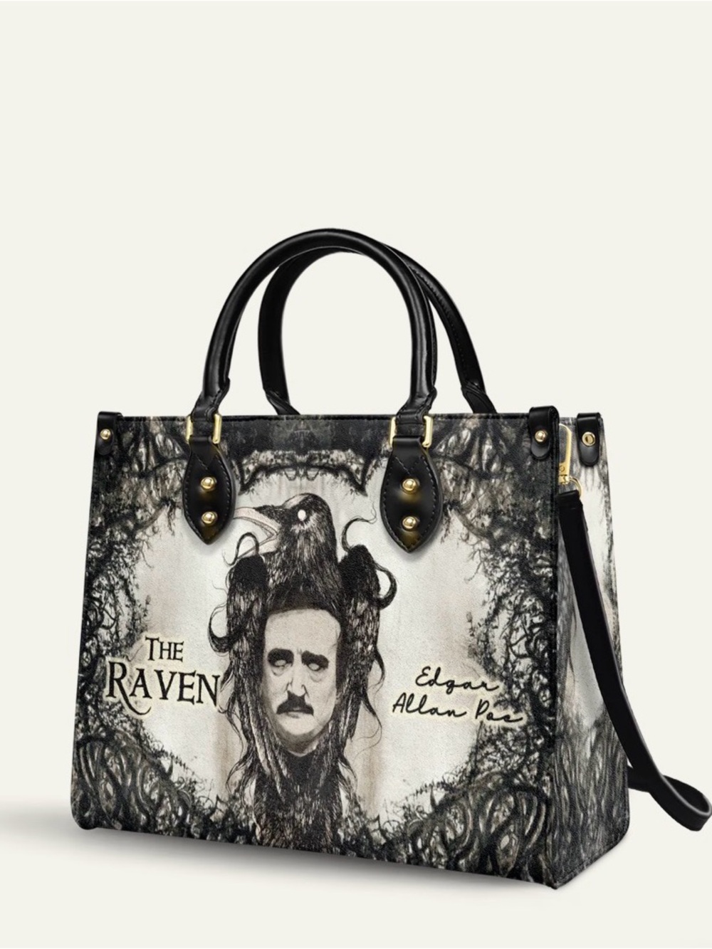 Black & Cream 'The Raven' Tote Bag with Edgar Allan Poe Design